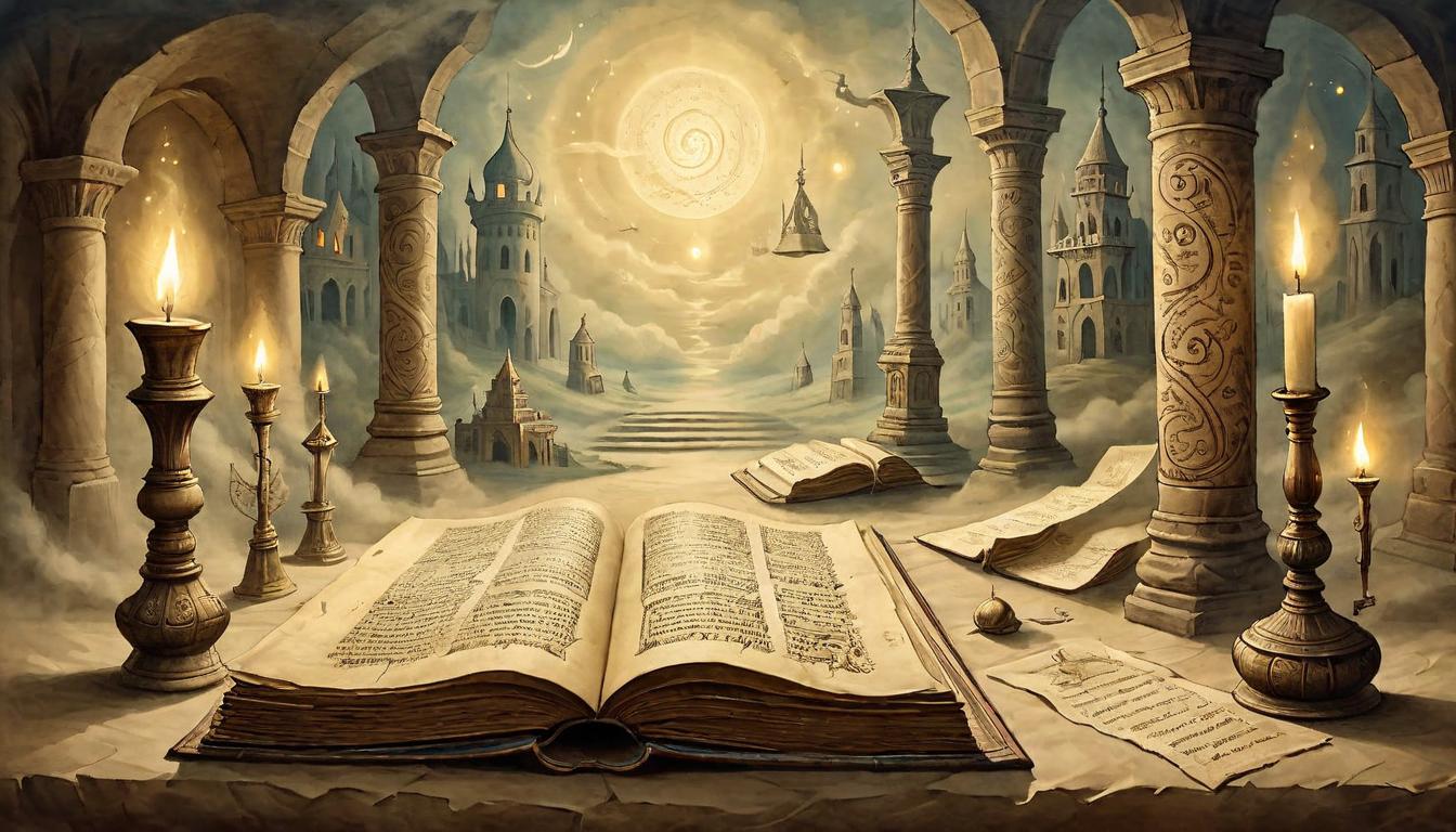  on parchment, surrealism+++, Ancient scrolls and books glowing with light, open and floating in the air, reverent atmosphere, pathway of enlightenment(mysterious, provocative, symbolic,muted color)+++