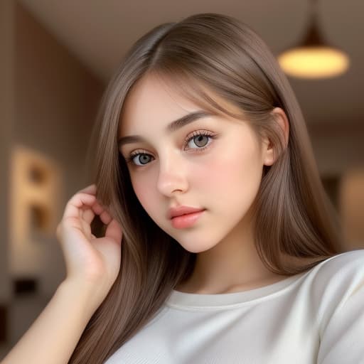  Pretty, young adult female, with almond shaped eyes that are hazel, sharp cute nose, natural plump lips, long brown pretty, natural long hair that flows all the way down her back