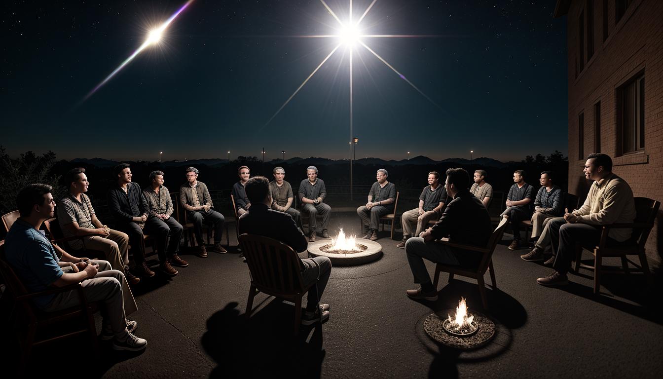  cinematic, aesthetic, Group of people seated in a circle, animated discussion, engaged expressions, connection, community growth, 4k, HDR, lens flare