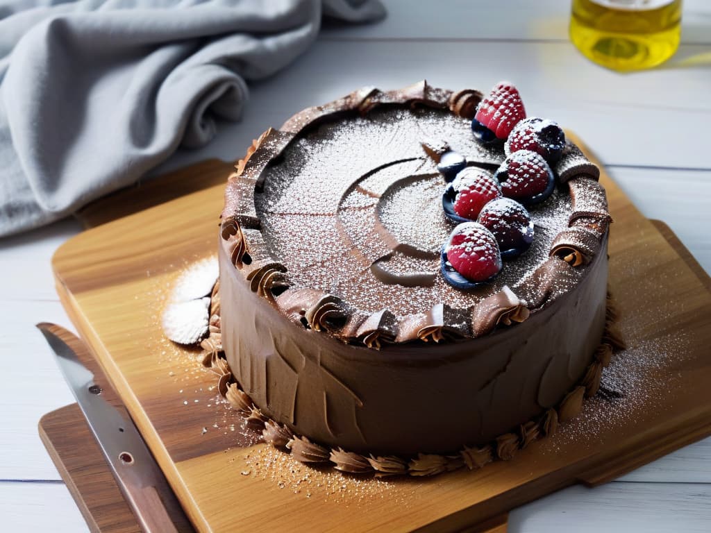  A closeup, photorealistic image of a decadent chocolate olive oil cake topped with fresh raspberries and a dusting of powdered sugar. The cake is sitting on a rustic wooden table, with a few whole olives scattered around as garnish. The rich, moist texture of the cake is evident, and the glossy finish of the olive oil glaze is shimmering under a soft, natural light, creating a mouthwatering and visually appealing image that perfectly complements the theme of using olive oil in desserts. hyperrealistic, full body, detailed clothing, highly detailed, cinematic lighting, stunningly beautiful, intricate, sharp focus, f/1. 8, 85mm, (centered image composition), (professionally color graded), ((bright soft diffused light)), volumetric fog, trending on instagram, trending on tumblr, HDR 4K, 8K