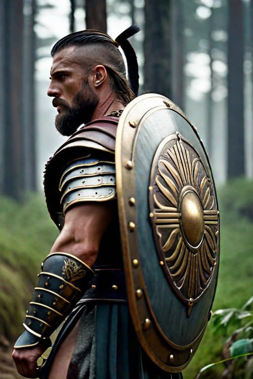  Side View of a Roman Warrior wearing a shield on his back,Overgrown,mystic,ethereal,darkness,muscular,spartan,more impressive beard,extreme detailed and ornamented armor,black armor,gold ornament, atmospheric haze,Film grain,cinematic film still,shallow depth of field,highly detailed,high budget,cinemascope,moody,epic,OverallDetail,2000s vintage RAW photo,photorealistic,candid camera,color graded cinematic,eye catchlights,atmospheric lighting,imperfections,natural,shallow dof,dynamic angle,full body,<lora:RMSDXL Darkness Cinema:0.8>,<lora:RMSDXL Enhance:0.8>,, high resolution,extreme detail hyperrealistic, full body, detailed clothing, highly detailed, cinematic lighting, stunningly beautiful, intricate, sharp focus, f/1. 8, 85mm, (centered image composition), (professionally color graded), ((bright soft diffused light)), volumetric fog, trending on instagram, trending on tumblr, HDR 4K, 8K