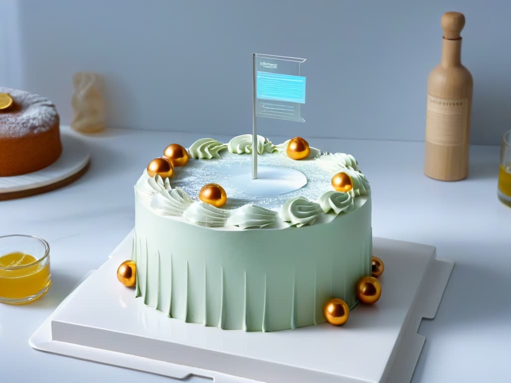  An ultradetailed image of a sleek, modern kitchen with a marble countertop filled with hightech AR devices and tools specifically designed for baking and pastry making. The image showcases a holographic AR interface projecting detailed cake designs, ingredient lists, and stepbystep instructions, creating a futuristic and inspiring atmosphere for a complete augmented reality baking experience. hyperrealistic, full body, detailed clothing, highly detailed, cinematic lighting, stunningly beautiful, intricate, sharp focus, f/1. 8, 85mm, (centered image composition), (professionally color graded), ((bright soft diffused light)), volumetric fog, trending on instagram, trending on tumblr, HDR 4K, 8K