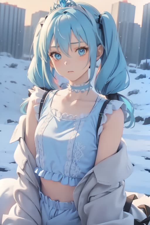  Cute young , , , long light blue hair, twintails, Skinny, Small , Choker, Tight sheer crop top, frilly long in the back short in the front, Intricate clothes, , Snow, Unreal Engine, Masterpiece, Blue tiara made of blue ice, ice magic, laying down, close up shot, extra detailed, emotionless, no expressions, camera view from below