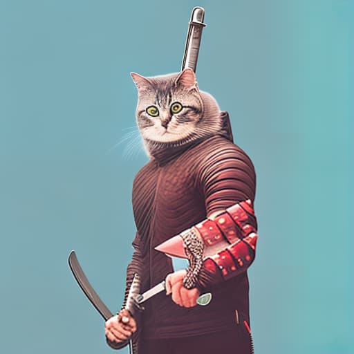 dublex style futuristic cat warrior with a sword and machine gun