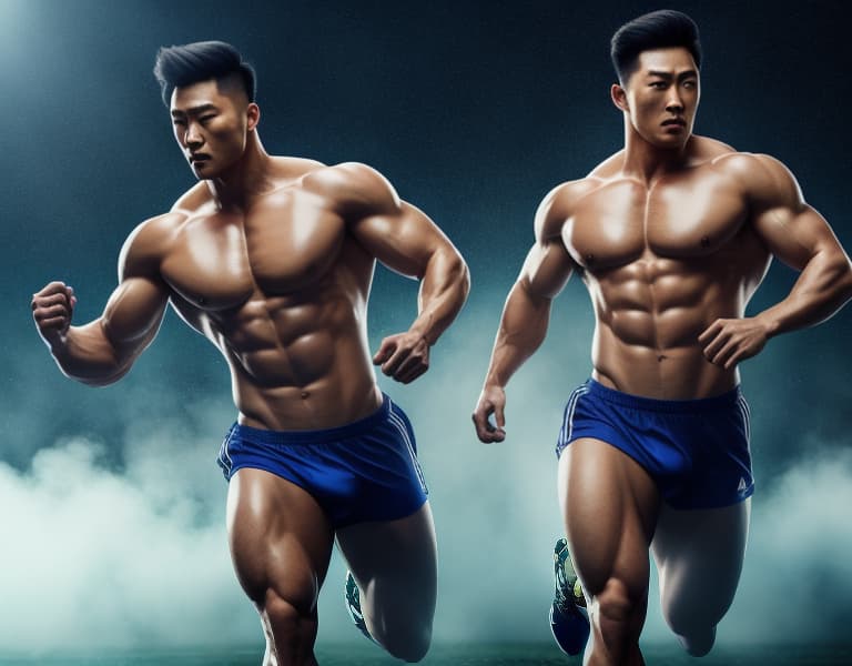  Two handsome Chinese muscular guys are naked and running happily on the football field, semen and sweat, blue sky hyperrealistic, full body, detailed clothing, highly detailed, cinematic lighting, stunningly beautiful, intricate, sharp focus, f/1. 8, 85mm, (centered image composition), (professionally color graded), ((bright soft diffused light)), volumetric fog, trending on instagram, trending on tumblr, HDR 4K, 8K