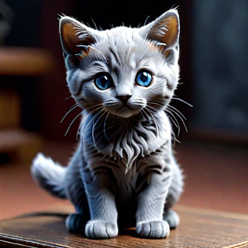  highly detailed clay model of small grey russian blue kitten hyperrealistic, full body, detailed clothing, highly detailed, cinematic lighting, stunningly beautiful, intricate, sharp focus, f/1. 8, 85mm, (centered image composition), (professionally color graded), ((bright soft diffused light)), volumetric fog, trending on instagram, trending on tumblr, HDR 4K, 8K