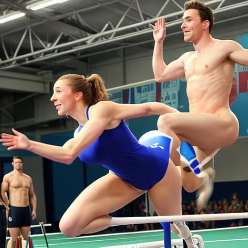  Scene: Olympic high jump event. Two competitors, Sarah and Tom, stand ready, while the crowd watches expectantly. Sarah: Ready to see how it's done, Tom? Tom: Bring it on, Sarah! I'll jump circles around you! The referee signals for the competition to begin. Sarah and Tom take their starting positions. Sarah takes her turn, gracefully leaping over the bar with perfect form. Tom follows, but his jump is awkward, and he knocks the bar off with his foot. Tom: Oops... Tom lands with a thud, while Sarah looks on with a smirk. Sarah: Looks like you'll have to try harder than that! Tom grins mischievously as he reaches for a nearby trampoline, ready to give it another shot. Tom: Just warming up! Da Vinci's Dreams hyperrealistic, full body, detailed clothing, highly detailed, cinematic lighting, stunningly beautiful, intricate, sharp focus, f/1. 8, 85mm, (centered image composition), (professionally color graded), ((bright soft diffused light)), volumetric fog, trending on instagram, trending on tumblr, HDR 4K, 8K