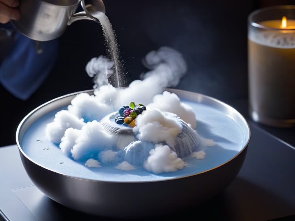  An ultradetailed closeup image of a stainless steel bowl filled with billowing clouds of vapor, as liquid nitrogen is being poured into it. The vapors create an ethereal and mystical atmosphere, with tiny droplets of condensation visible on the sides of the bowl. The scene captures the essence of molecular gastronomy and the transformative process of creating instant sorbets with liquid nitrogen, evoking a sense of wonder and innovation. hyperrealistic, full body, detailed clothing, highly detailed, cinematic lighting, stunningly beautiful, intricate, sharp focus, f/1. 8, 85mm, (centered image composition), (professionally color graded), ((bright soft diffused light)), volumetric fog, trending on instagram, trending on tumblr, HDR 4K, 8K