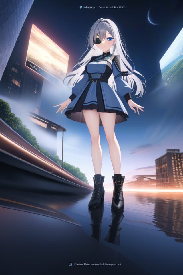  , long gray hair, big eyes, slightly blue uniform, black eyepatch, big s, blue eyes, night view, middle two disease, wand hyperrealistic, full body, detailed clothing, highly detailed, cinematic lighting, stunningly beautiful, intricate, sharp focus, f/1. 8, 85mm, (centered image composition), (professionally color graded), ((bright soft diffused light)), volumetric fog, trending on instagram, trending on tumblr, HDR 4K, 8K