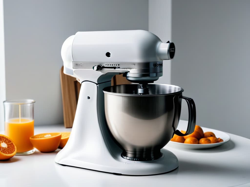  A sleek, minimalistic image of a topoftheline stand mixer in a pristine white kitchen setting. The mixer is the focal point, with its glossy finish and modern design exuding elegance and sophistication. Soft natural light filters in, casting a gentle glow on the mixer and highlighting its impeccable craftsmanship. The kitchen counter is immaculately clean, enhancing the luxurious feel of the scene. The overall aesthetic is one of simplicity and refinement, perfectly encapsulating the idea of elevating baking to the next level with a premium stand mixer. hyperrealistic, full body, detailed clothing, highly detailed, cinematic lighting, stunningly beautiful, intricate, sharp focus, f/1. 8, 85mm, (centered image composition), (professionally color graded), ((bright soft diffused light)), volumetric fog, trending on instagram, trending on tumblr, HDR 4K, 8K