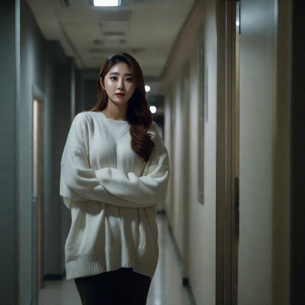  cinematic film still of beautiful korean girl with long hair, in white sweater, came to the hospital to visit a friend, stands in the hospital corridor, is afraid to enter the room, looks into the room through the window, night, dim light, hyper-realistic, detailed, high quality, mijorney, 8k, raw photo, best quality, ultrarealistic, ultra-detailed, vignette, highly detailed, high budget, bokeh, cinemascope, moody, epic, gorgeous, film grain, grainylora:xlrealbeta1:0.5, shallow depth of field, vignette, highly detailed, high budget, bokeh, cinemascope, moody, epic, gorgeous, film grain, grainyneg promtanime, cartoon, graphic, text, painting, crayon, graphite, abstract, glitch, deformed, mutated, ugly, disfigured, anime, cartoon, graphic, te hyperrealistic, full body, detailed clothing, highly detailed, cinematic lighting, stunningly beautiful, intricate, sharp focus, f/1. 8, 85mm, (centered image composition), (professionally color graded), ((bright soft diffused light)), volumetric fog, trending on instagram, trending on tumblr, HDR 4K, 8K