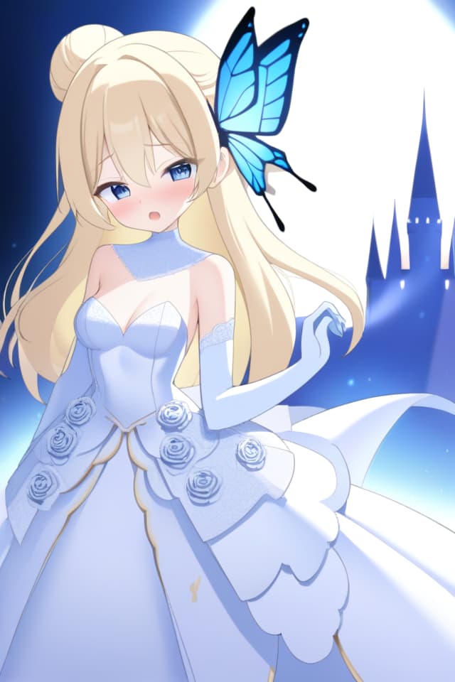  (Shiny butterfly,magic effect,pixiv,masterpiece,ultimate quality,8K wallpaper,1 girl),((blond hair,bun hair combined in one,blue eye)),((((blue pap sleeve wedding dress,light blue gloves,))),(blue hour),(luxurious castle background),