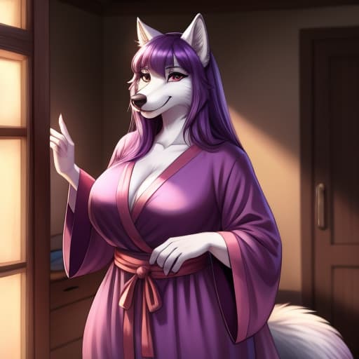  dark furry wolf with wolf ear, average s, bbw, waist, long , long nose, in a robe, long purple hair, big , , detailed eyes, , in a room, holding her waist., open eyes, digital art, masterpiece, 4k, fine details,