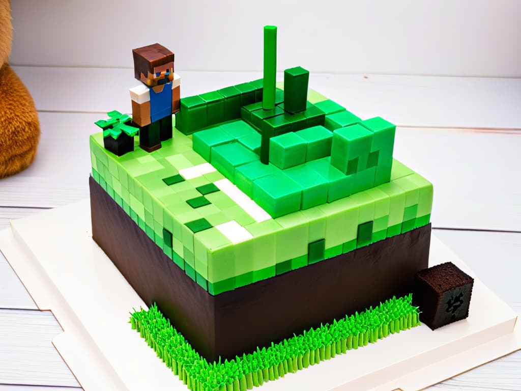  A minimalist, ultradetailed image of a Minecraftthemed cake, featuring pixelated blocks in various shades of green, brown, and black, meticulously arranged to resemble the iconic grass and dirt blocks from the game. The cake is topped with fondant figurines of Minecraft characters like Steve and Creeper, all set against a clean, white background to make the intricate details stand out. hyperrealistic, full body, detailed clothing, highly detailed, cinematic lighting, stunningly beautiful, intricate, sharp focus, f/1. 8, 85mm, (centered image composition), (professionally color graded), ((bright soft diffused light)), volumetric fog, trending on instagram, trending on tumblr, HDR 4K, 8K