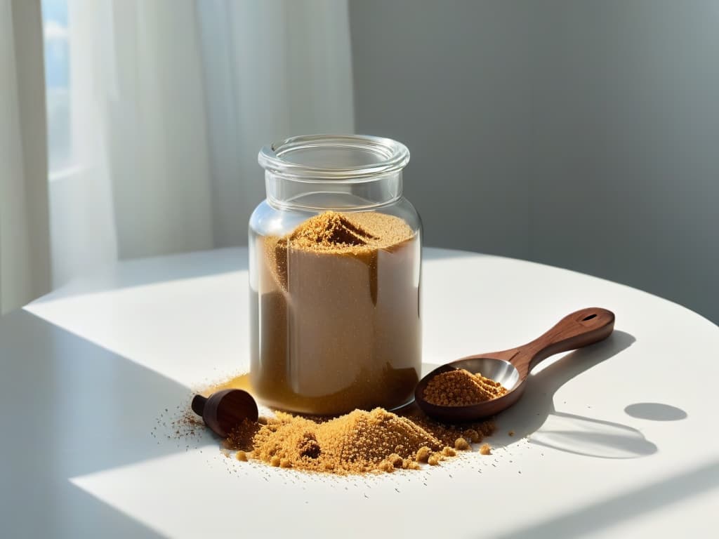  An ultradetailed image of a pristine white kitchen counter with a sleek glass jar filled with goldenbrown coconut sugar, adorned with a small wooden scoop delicately resting on the side. The sunlight gently filters through a nearby window, casting soft shadows that enhance the texture of the sugar crystals. The minimalistic composition emphasizes the purity and natural allure of coconut sugar, perfectly encapsulating its sustainable and healthy appeal. hyperrealistic, full body, detailed clothing, highly detailed, cinematic lighting, stunningly beautiful, intricate, sharp focus, f/1. 8, 85mm, (centered image composition), (professionally color graded), ((bright soft diffused light)), volumetric fog, trending on instagram, trending on tumblr, HDR 4K, 8K