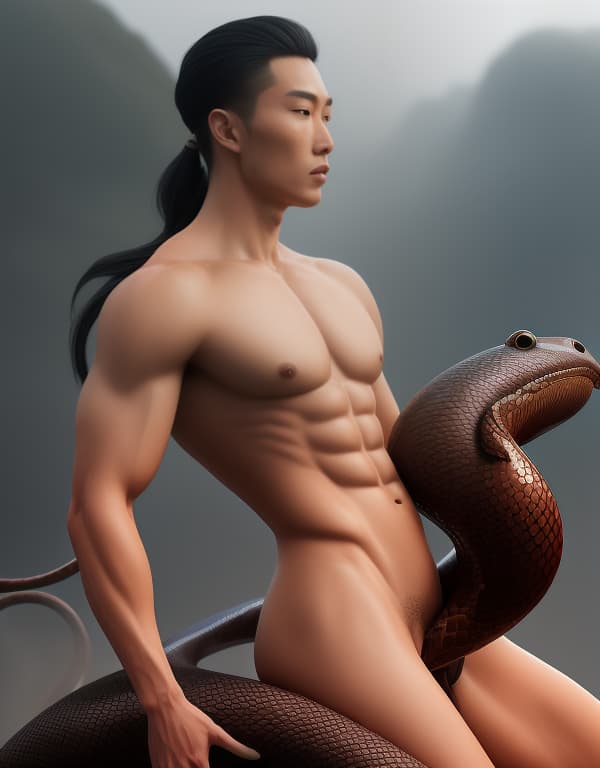  young samurai riding on a giant boa constrictor，naked whole body，gay，Asian，Asiatic，whole body，student of physical education，naked whole body, big bulge，Asian，naked whole body，whole body， hyperrealistic, full body, detailed clothing, highly detailed, cinematic lighting, stunningly beautiful, intricate, sharp focus, f/1. 8, 85mm, (centered image composition), (professionally color graded), ((bright soft diffused light)), volumetric fog, trending on instagram, trending on tumblr, HDR 4K, 8K