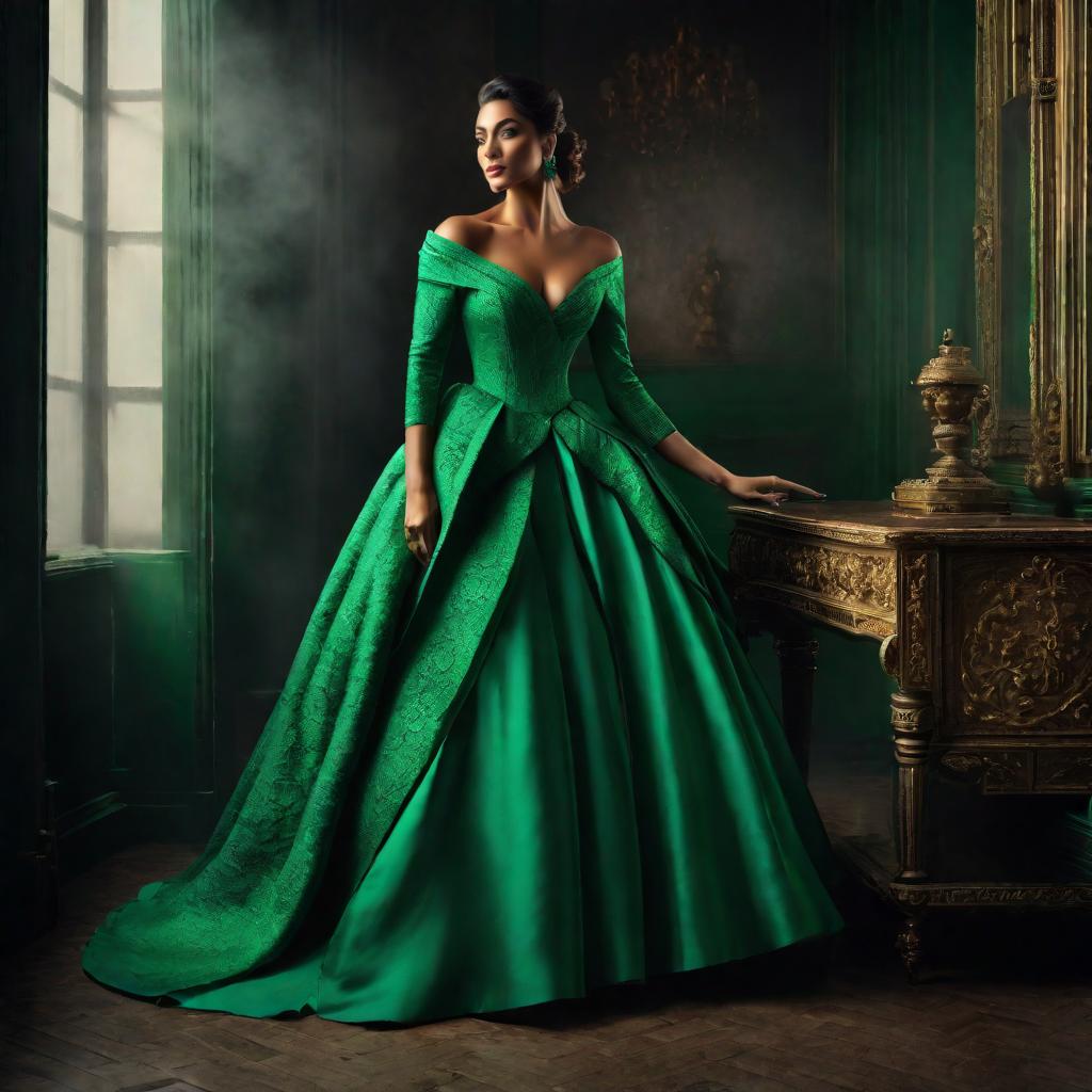  a woman in green dress painted in style od impressionism hyperrealistic, full body, detailed clothing, highly detailed, cinematic lighting, stunningly beautiful, intricate, sharp focus, f/1. 8, 85mm, (centered image composition), (professionally color graded), ((bright soft diffused light)), volumetric fog, trending on instagram, trending on tumblr, HDR 4K, 8K