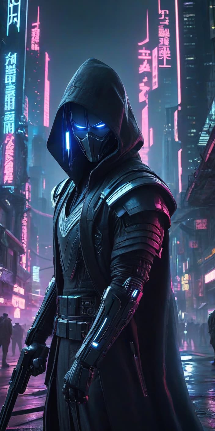  cyberpunk game style A dark lord Sith with large s, blue eyes, in a metropolis on Earth in a modern world, in a stance, furious at what's happening, standing fully against the cityscape. [Note: The direct translation doesn't retain the alliteration and flow of the original phrase.] . neon, dystopian, futuristic, digital, vint, detailed, high contrast, reminiscent of cyberpunk genre video games hyperrealistic, full body, detailed clothing, highly detailed, cinematic lighting, stunningly beautiful, intricate, sharp focus, f/1. 8, 85mm, (centered image composition), (professionally color graded), ((bright soft diffused light)), volumetric fog, trending on instagram, trending on tumblr, HDR 4K, 8K