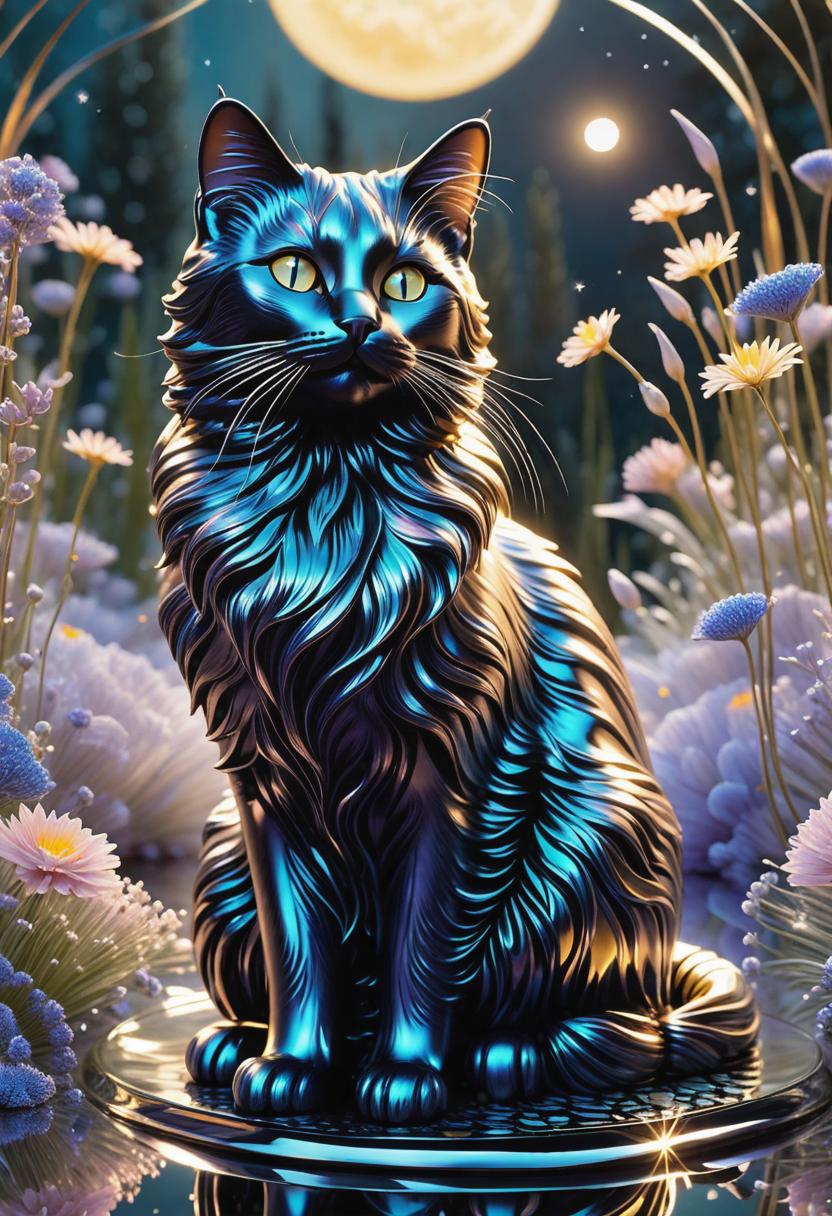  1. A mesmerizing Ferrofluid-inspired cat with radiant, metallic fur gracefully prowling through a field of delicate, ethereal flowers, casting iridescent reflections under a moonlit sky.
2. A whimsical Ferrofluid-inspired cat perched on a sculpted, swirling pillar of liquid metal, its sleek body glistening with a lustrous, mesmerizing sheen in a dimly lit, otherworldly laboratory.
3. An enigmatic Ferrofluid-style cat, its fluid-like form composed of shimmering tendrils, playfully leaping amidst a surreal, abstract backdrop of pulsating, iridescent patterns, evoking a sense of mystery and wonder. hyperrealistic, full body, detailed clothing, highly detailed, cinematic lighting, stunningly beautiful, intricate, sharp focus, f/1. 8, 85mm, (centered image composition), (professionally color graded), ((bright soft diffused light)), volumetric fog, trending on instagram, trending on tumblr, HDR 4K, 8K
