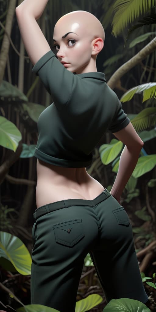  bald girl in the jungle, takes off her pants, back