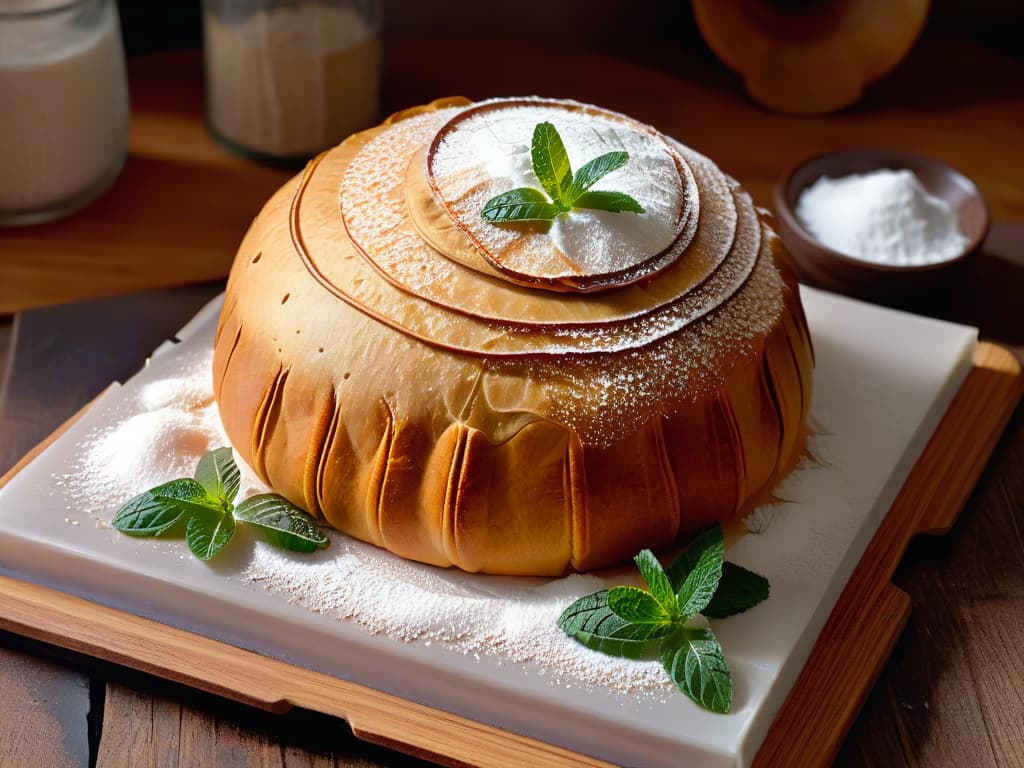  A closeup, ultradetailed image of a perfectly crafted traditional Mexican concha bread, showcasing the intricate scoring pattern on its goldenbrown crust, with a light dusting of powdered sugar on top. The concha sits on a rustic wooden cutting board, surrounded by a few scattered crumbs and a sprig of fresh mint, creating a visually striking and mouthwatering minimalist composition that embodies the essence of traditional pastry retreats. hyperrealistic, full body, detailed clothing, highly detailed, cinematic lighting, stunningly beautiful, intricate, sharp focus, f/1. 8, 85mm, (centered image composition), (professionally color graded), ((bright soft diffused light)), volumetric fog, trending on instagram, trending on tumblr, HDR 4K, 8K