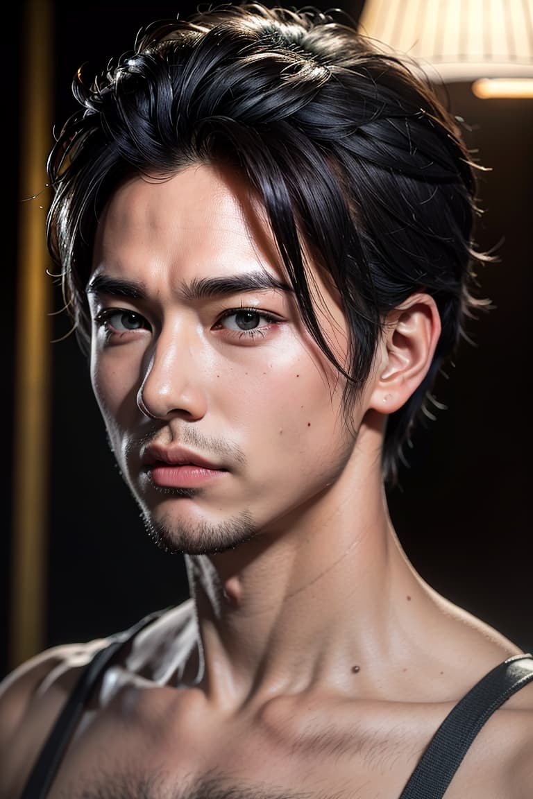  Best quality, masterpiece, ultra high res, (photorealistic:1.4), raw photo, (realistic skin), ((((masterpiece)))), best quality, very high resolution, ultra detailed, in frame, young man, Japanese, black hair, short mohawk, no beard, quite ugly, cute, deep shadow, dramatic lighting