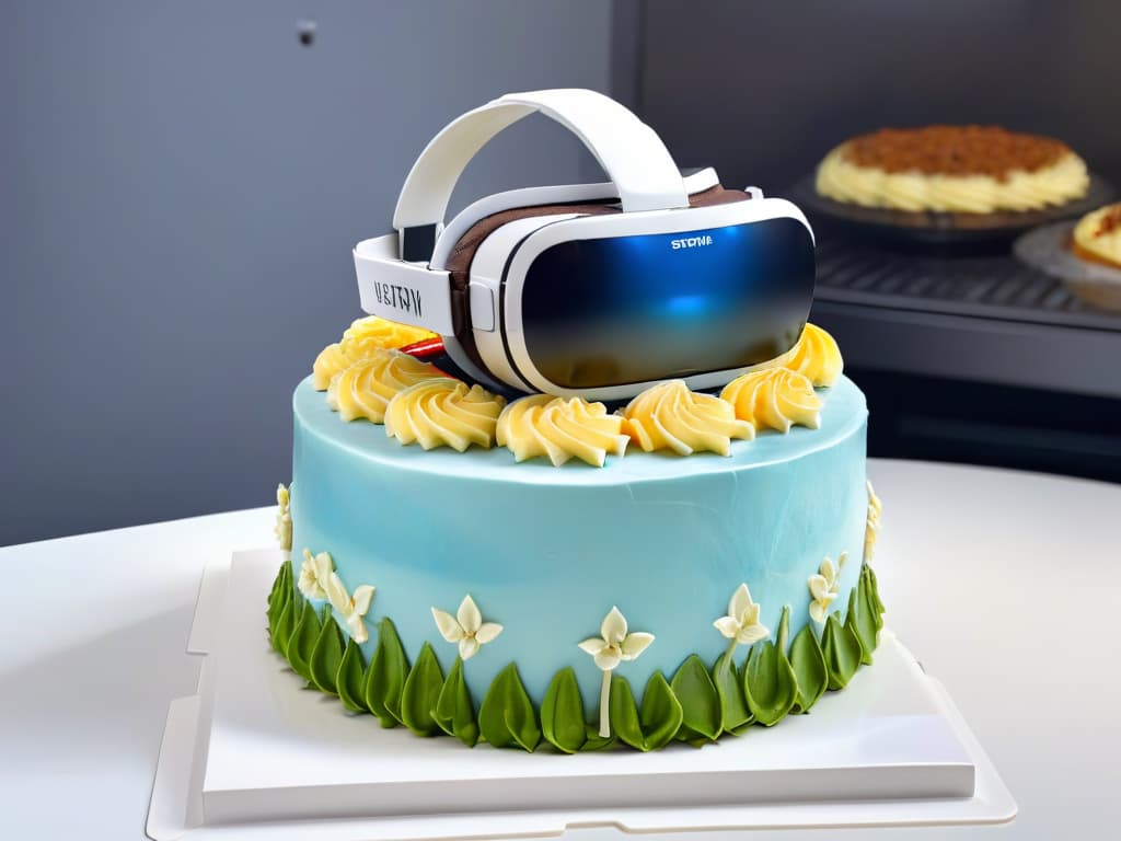  An ultradetailed photorealistic image of a virtual reality headset superimposed with intricate cake decorating tools like piping bags, spatulas, and fondant cutters. The headset displays a vibrant virtual bakery environment with digital tutorials on advanced pastry techniques, creating a visually captivating blend of technology and culinary artistry. The background showcases a futuristic kitchen setting with holographic displays of baking ingredients floating in the air, exuding a modern and innovative approach to pastry education. hyperrealistic, full body, detailed clothing, highly detailed, cinematic lighting, stunningly beautiful, intricate, sharp focus, f/1. 8, 85mm, (centered image composition), (professionally color graded), ((bright soft diffused light)), volumetric fog, trending on instagram, trending on tumblr, HDR 4K, 8K