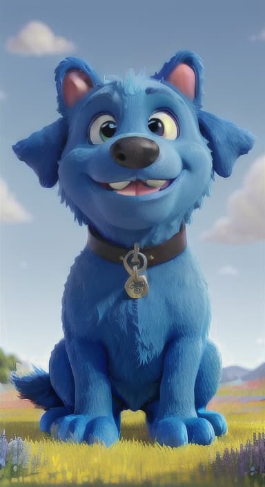  {A happy, big blue dog wagging its tail in a colorful meadow, The big blue dog is large with sky blue fur, big round eyes, a black nose, and floppy ears.