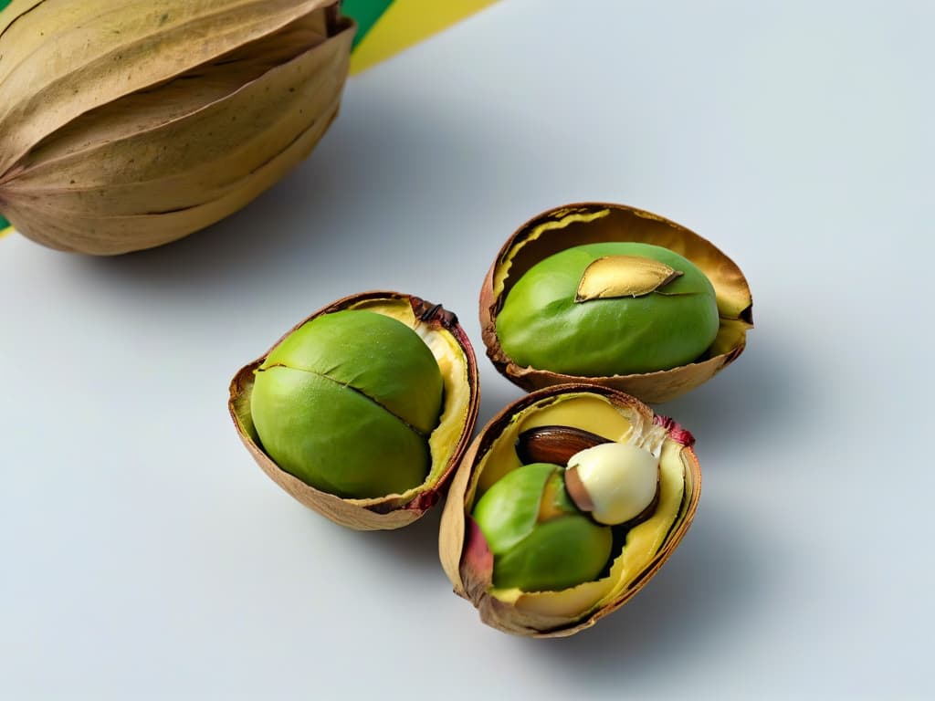  An ultradetailed closeup image of a vibrant green Iranian pistachio with its shell partly cracked open, showcasing the rich golden nut inside. The intricate textures of the shell and the smoothness of the nut should be prominently displayed, capturing the essence of quality and freshness. The image should be minimalistic in style, focusing solely on the pistachio to convey a sense of luxury and opulence. hyperrealistic, full body, detailed clothing, highly detailed, cinematic lighting, stunningly beautiful, intricate, sharp focus, f/1. 8, 85mm, (centered image composition), (professionally color graded), ((bright soft diffused light)), volumetric fog, trending on instagram, trending on tumblr, HDR 4K, 8K