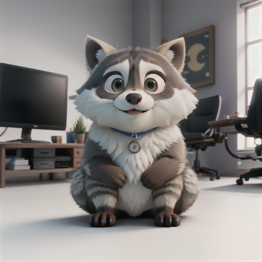  raccoon sitting in gaming chair front a computer on desktop, ((semi anthropomorphic)),(full body), tail, belly, sitting, fat, (chubby), (((white background))), solo, desktop, gaming chair, side view,  [[[clothes]]] hyperrealistic, full body, detailed clothing, highly detailed, cinematic lighting, stunningly beautiful, intricate, sharp focus, f/1. 8, 85mm, (centered image composition), (professionally color graded), ((bright soft diffused light)), volumetric fog, trending on instagram, trending on tumblr, HDR 4K, 8K