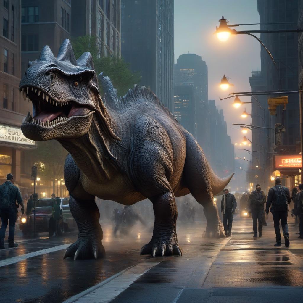  in a huge city with high rise buildings, dinosaurs, mammoths, dragons walk along the street, night. Artists Michael Cormack, Greg Rutkowski. hyperrealistic, full body, detailed clothing, highly detailed, cinematic lighting, stunningly beautiful, intricate, sharp focus, f/1. 8, 85mm, (centered image composition), (professionally color graded), ((bright soft diffused light)), volumetric fog, trending on instagram, trending on tumblr, HDR 4K, 8K