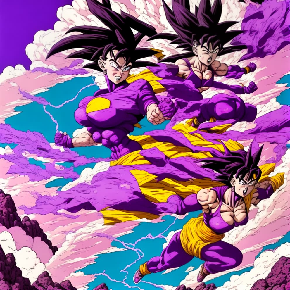 estilovintedois Dreamlike and surrealistic landscape in purple tones flying female super sayan with goku bikini