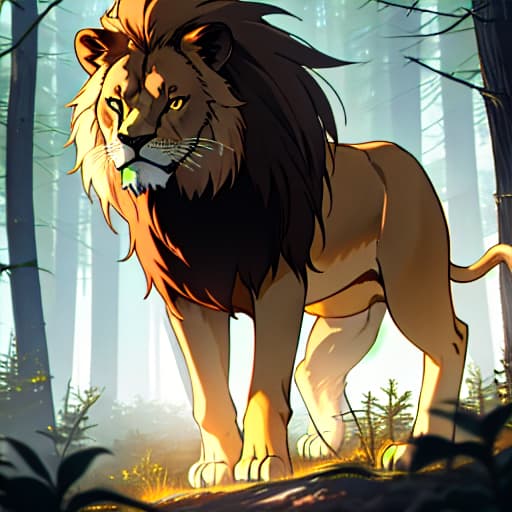  (a lion in the forest), anime, highly detailed, 4k, high quality, trending on art station hyperrealistic, full body, detailed clothing, highly detailed, cinematic lighting, stunningly beautiful, intricate, sharp focus, f/1. 8, 85mm, (centered image composition), (professionally color graded), ((bright soft diffused light)), volumetric fog, trending on instagram, trending on tumblr, HDR 4K, 8K