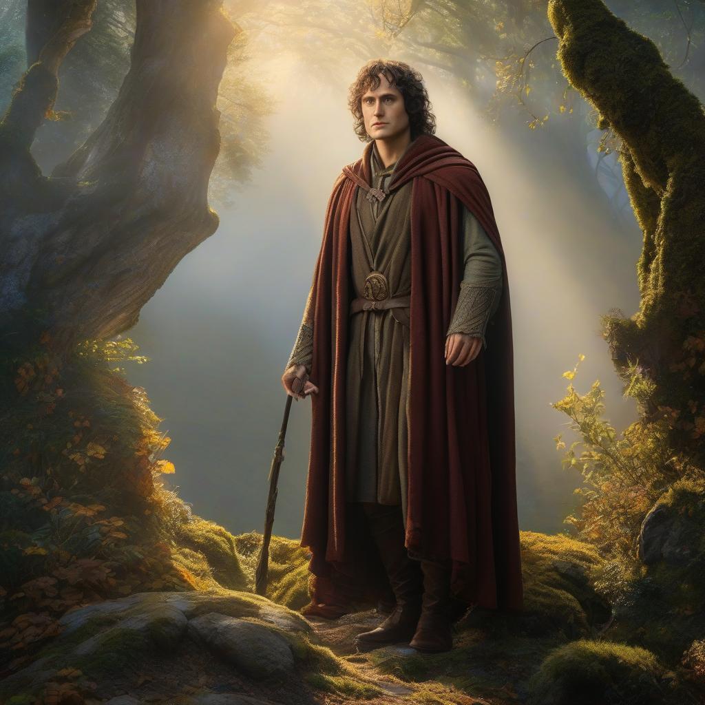  oil painting, fantasy, in the style of John Tolkien, in the spirit of the Lord of the Rings, paro punk, Frodo Baggins. hyperrealistic, full body, detailed clothing, highly detailed, cinematic lighting, stunningly beautiful, intricate, sharp focus, f/1. 8, 85mm, (centered image composition), (professionally color graded), ((bright soft diffused light)), volumetric fog, trending on instagram, trending on tumblr, HDR 4K, 8K