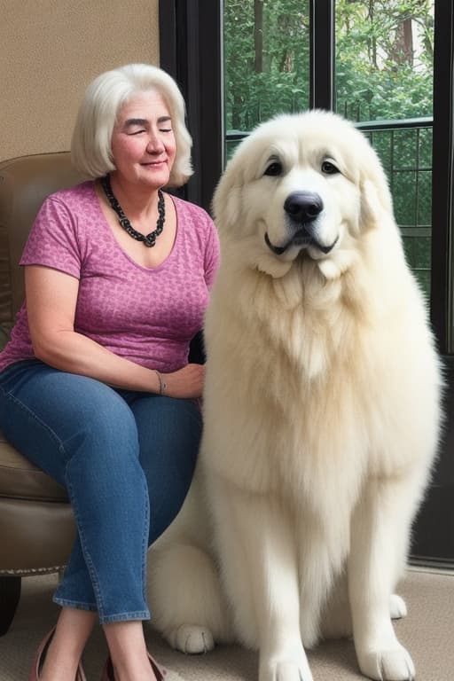  One woman sitting down next to her only Great Pyrenees dog