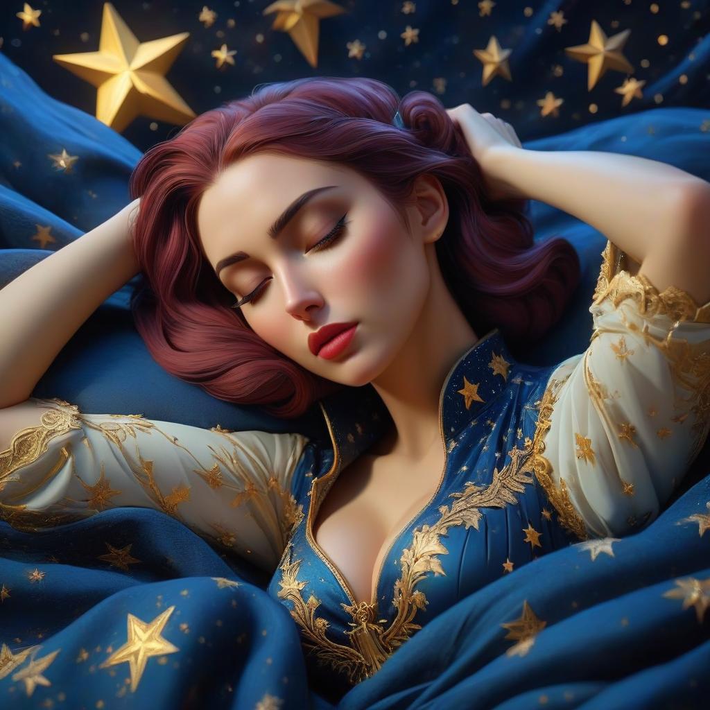  starry night, the girl is sleeping. style by Dorina Kostras, deep color, fantastic, intricate details, splash screen, complementary colors, fantastic concept art, 8k resolution trending on Artstation Unreal Engine 5 hyperrealistic, full body, detailed clothing, highly detailed, cinematic lighting, stunningly beautiful, intricate, sharp focus, f/1. 8, 85mm, (centered image composition), (professionally color graded), ((bright soft diffused light)), volumetric fog, trending on instagram, trending on tumblr, HDR 4K, 8K