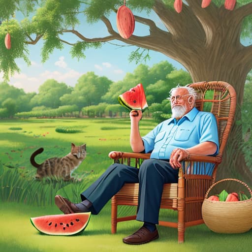  Old man, big tree, watermelon, cattail fan, kitten, rattan chair,