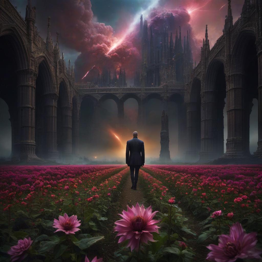  (stylized by Tomasz Alen Kopera:1.3) , dark art, dense flower field and Perseid meteor in background, landscape of a (Barcelona:1.2) , very Bizarre and 1600'S, Hurricane, Glitchcore, Amaro, layered textures, ornate, intricate artistic color, complimentary colors, very inspirational, atmosphere, fine artistic composition, sunny, theatrical hyperrealistic, full body, detailed clothing, highly detailed, cinematic lighting, stunningly beautiful, intricate, sharp focus, f/1. 8, 85mm, (centered image composition), (professionally color graded), ((bright soft diffused light)), volumetric fog, trending on instagram, trending on tumblr, HDR 4K, 8K