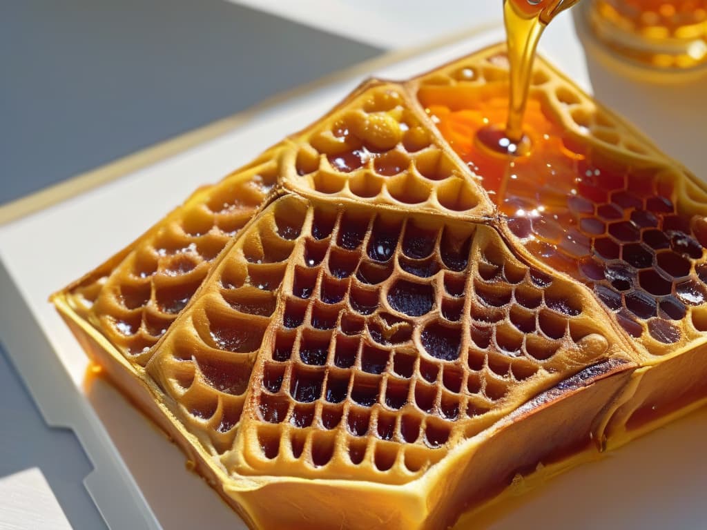  An ultradetailed closeup image of a pristine, glistening honeycomb with golden honey oozing out of the hexagonal cells. The intricate details of the honeycomb structure are highlighted, showcasing the natural beauty and sweetness of honey as a baking ingredient. The lighting captures the rich amber tones of the honey, creating a warm and inviting atmosphere that evokes a sense of natural sweetness and purity. hyperrealistic, full body, detailed clothing, highly detailed, cinematic lighting, stunningly beautiful, intricate, sharp focus, f/1. 8, 85mm, (centered image composition), (professionally color graded), ((bright soft diffused light)), volumetric fog, trending on instagram, trending on tumblr, HDR 4K, 8K