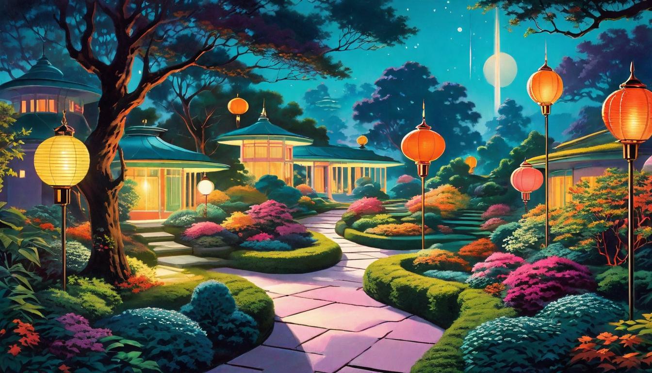  retro futuristic A garden at twilight, paths illuminated by lanterns, symbolizing a life of profound influence and testament to healing power, ambiance serene and reflective, paths inviting and enlightened, atmosphere of tranquility and inner strength. lvintage sci fi, 50s and 60s style, atomic age, vibrant, highly detailed