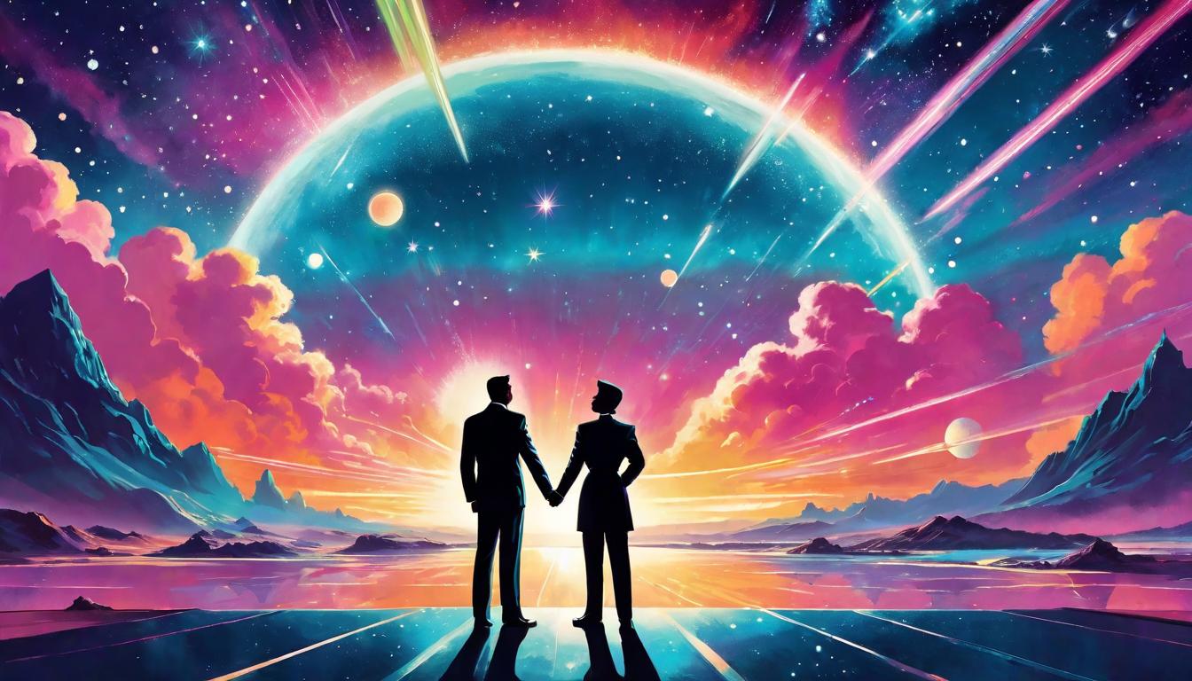  retro futuristic Two silhouettes standing under a cosmic sky, one offering light from open palms to the other, vast universe overhead, stars twinkling in exchange of energy, vibrant auroras paint the night, essence of connectivity, balance, and sharing lvintage sci fi, 50s and 60s style, atomic age, vibrant, highly detailed