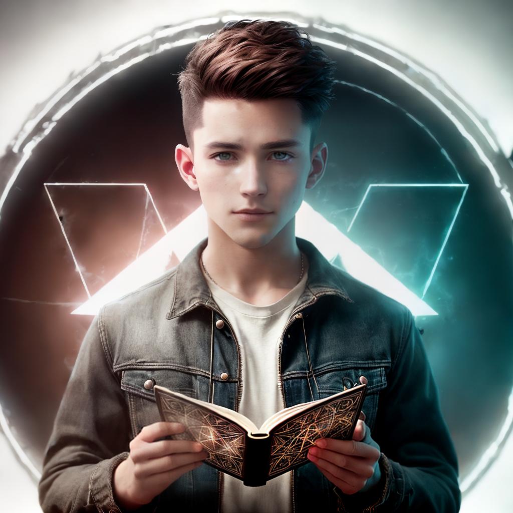  A young guy with short hair, wearing modern tattered clothes, standing full-length, in the circle of the pentagram, holding a spell book in his hands ,highly detailed, cinematic lighting, stunningly beautiful, intricate, sharp focus, f1. 8, 85mm, (centered image composition), (professionally color graded), ((bright soft diffused light)), volumetric fog, trending on instagram, trending on tumblr, HDR 4K, 8K