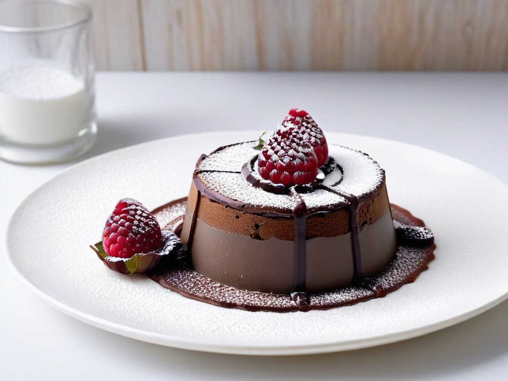  A highresolution, minimalist image showcasing a beautifully plated dessert on a simple, elegant white plate. The dessert is a decadent chocolate lava cake with a glossy finish, topped with a fresh raspberry and a dusting of powdered sugar. The background is blurred to keep the focus on the dessert, highlighting its intricate design and presentation. hyperrealistic, full body, detailed clothing, highly detailed, cinematic lighting, stunningly beautiful, intricate, sharp focus, f/1. 8, 85mm, (centered image composition), (professionally color graded), ((bright soft diffused light)), volumetric fog, trending on instagram, trending on tumblr, HDR 4K, 8K