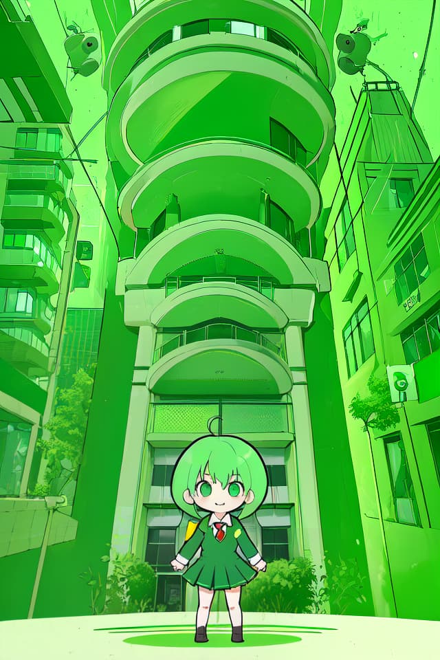  One way green hair character, the background is a school city