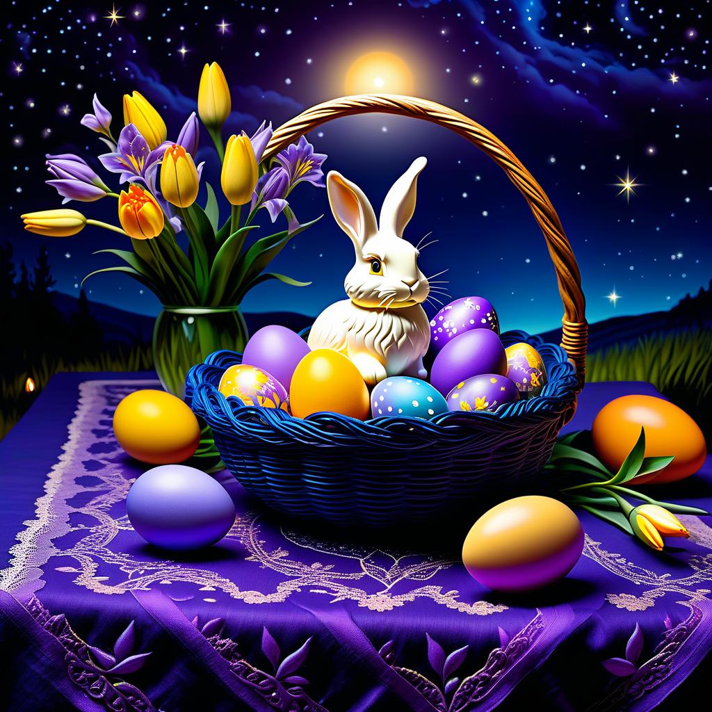  ethereal fantasy concept art of (Sky):starry night. (Colour):dark blue, violet, lilac. Yellow, orange cream lilies blossom on the background of the starry sky. On the openwork tablecloth is an Easter basket with Easter eggs. In the centre of the basket is a large decorative glass egg on a carved wooden stand. In the egg sits the Easter Bunny. (Bunny). Description: a small fluffy adorable bunny. Wool of delicate pastel colours: blue, lilac, the colour of cocoa with milk. Sits in the young grass around him painted Easter eggs: lilac pink orange red, blue, lettuce. . magnificent, celestial, ethereal, painterly, epic, majestic, magical, fantasy art, cover art, dreamy hyperrealistic, full body, detailed clothing, highly detailed, cinematic lighting, stunningly beautiful, intricate, sharp focus, f/1. 8, 85mm, (centered image composition), (professionally color graded), ((bright soft diffused light)), volumetric fog, trending on instagram, trending on tumblr, HDR 4K, 8K