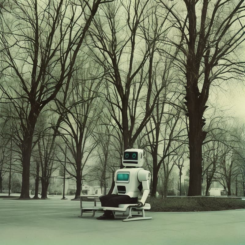 analog style a robot sitting in a park.