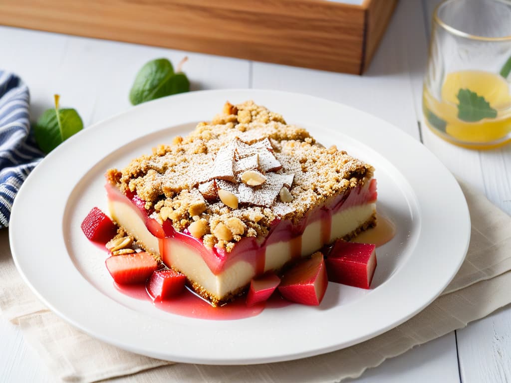  A minimaliststyle image of a freshly baked apple and rhubarb crumble, featuring a goldenbrown crumbly topping with oats and almonds, perfectly complementing the tender, stewed apple and tart rhubarb filling. The dish is elegantly presented on a sleek white plate, garnished with a sprig of fresh mint, and a dusting of powdered sugar, all set against a clean, uncluttered background to emphasize the simplicity and beauty of this classic dessert. hyperrealistic, full body, detailed clothing, highly detailed, cinematic lighting, stunningly beautiful, intricate, sharp focus, f/1. 8, 85mm, (centered image composition), (professionally color graded), ((bright soft diffused light)), volumetric fog, trending on instagram, trending on tumblr, HDR 4K, 8K