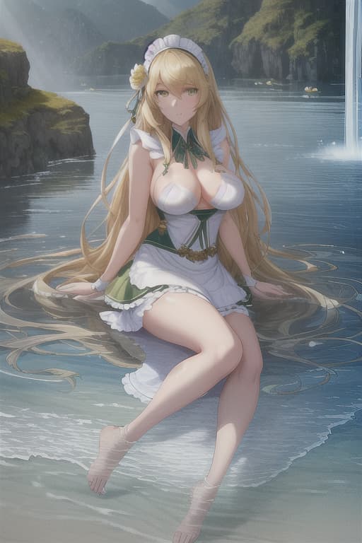  (score 9,score 8 up,score 7 up,),1girl,solo,maid,maid headdress,looking at viewer,outdoor,lake,apron,blonde hair,indoors,green eyes,bare foot,two feet in the water lotus flower sex stunny hyperrealistic, full body, detailed clothing, highly detailed, cinematic lighting, stunningly beautiful, intricate, sharp focus, f/1. 8, 85mm, (centered image composition), (professionally color graded), ((bright soft diffused light)), volumetric fog, trending on instagram, trending on tumblr, HDR 4K, 8K