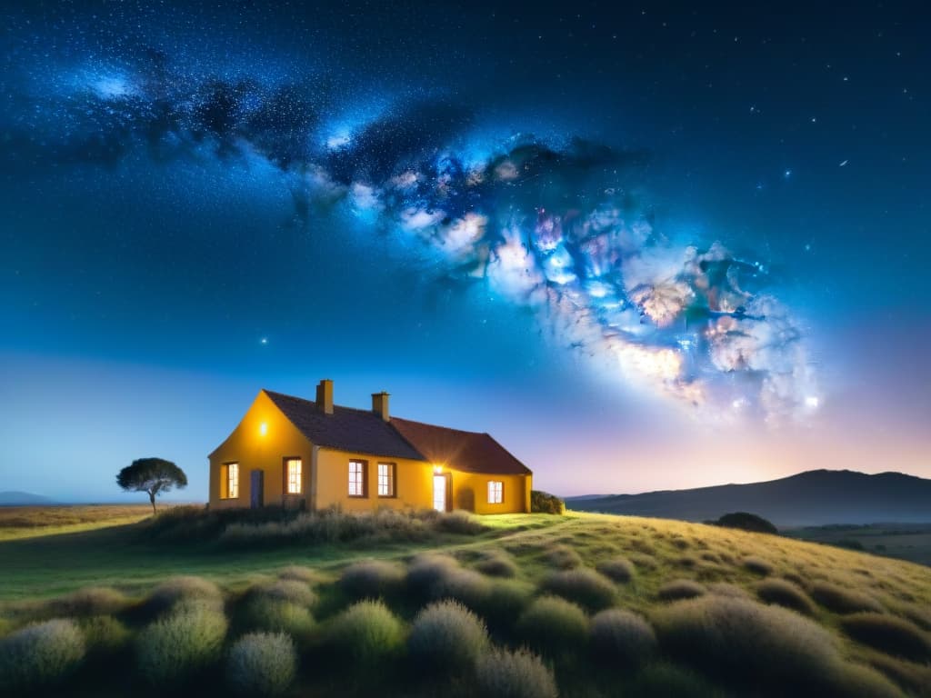  An ultrahighresolution photorealistic image of a starfilled night sky over the rural landscape of Uruguay, showcasing the Milky Way in all its glory, with a shooting star streaking across the sky. The foreground features a silhouette of a traditional Uruguayan countryside house with a dim light glowing from a window, surrounded by vast fields and distant rolling hills under the celestial spectacle above. hyperrealistic, full body, detailed clothing, highly detailed, cinematic lighting, stunningly beautiful, intricate, sharp focus, f/1. 8, 85mm, (centered image composition), (professionally color graded), ((bright soft diffused light)), volumetric fog, trending on instagram, trending on tumblr, HDR 4K, 8K