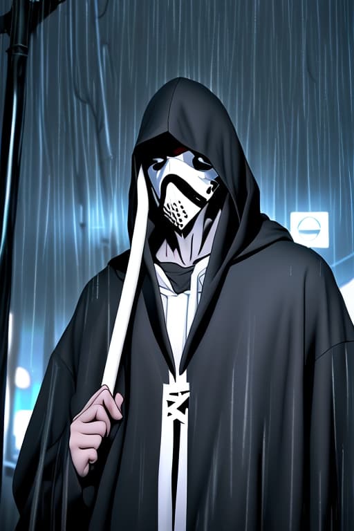  A-TaC , Josh, Epitomistic, Doormentor, The Catentions, He’s Tall all black hoodie up all white mask on face kind of like Jason, standing under street pole in the dark while heavily raining, spotting his enemy , kind of like grim reaper, god of darkness and winter